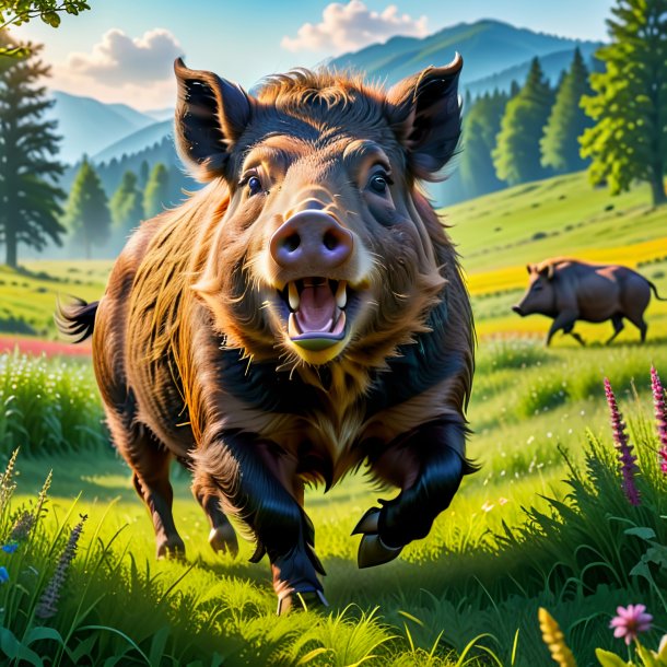 Photo of a dancing of a boar in the meadow