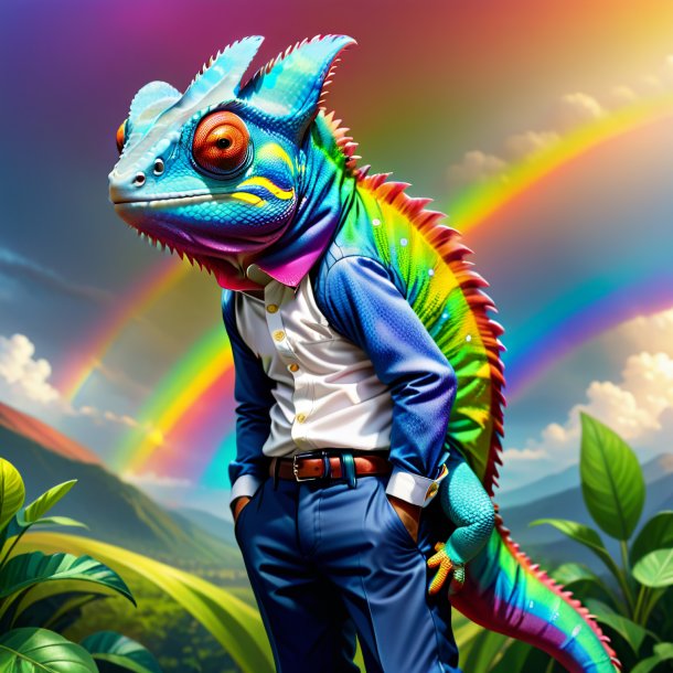 Drawing of a chameleon in a trousers on the rainbow