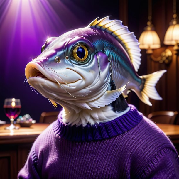 Photo of a haddock in a purple sweater