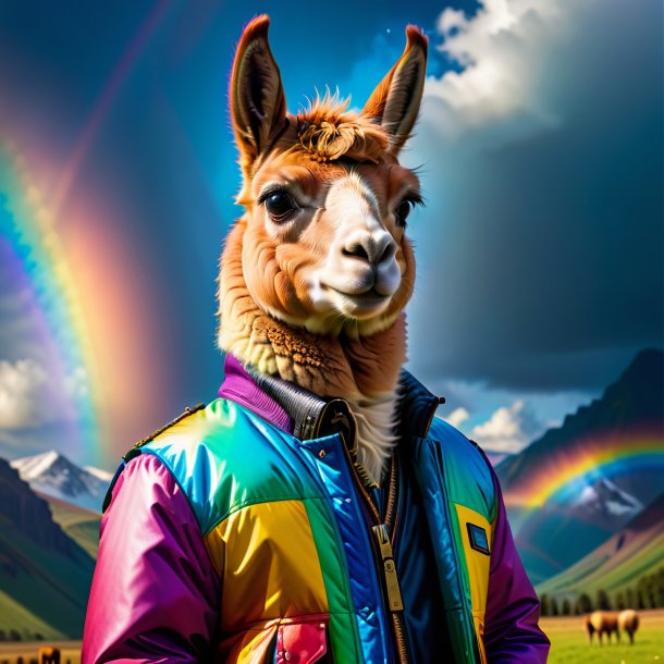 Foto de una llama en una chaqueta en el arco iris