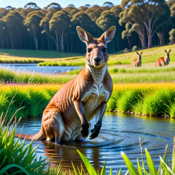 Imagem de uma natação de um canguru no prado