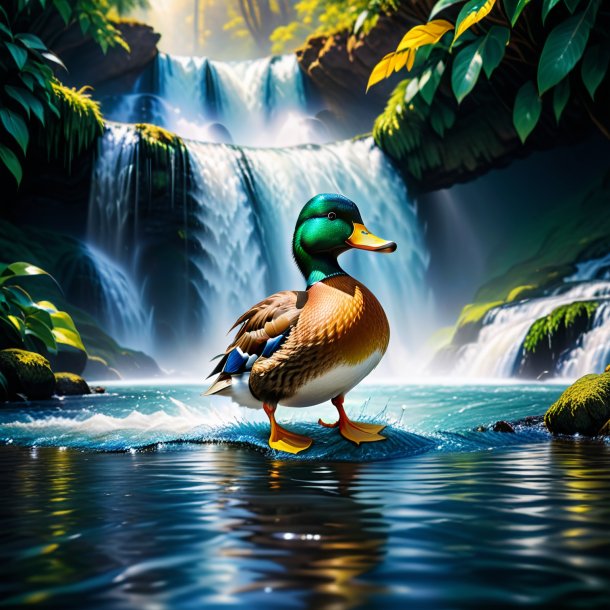 Photo of a duck in a jeans in the waterfall