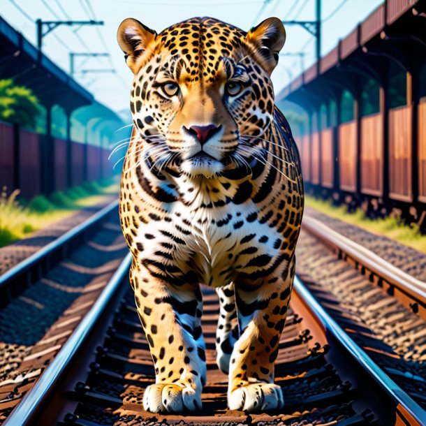 Picture of a jaguar in a trousers on the railway tracks