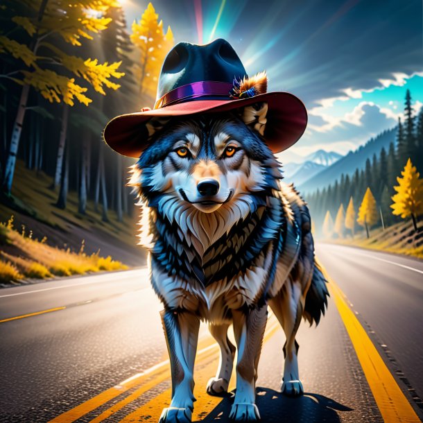 Image of a wolf in a hat on the road