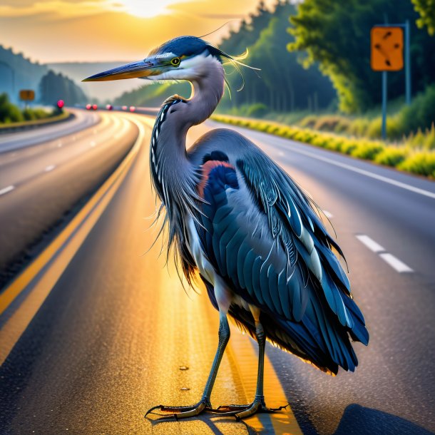 Foto de una garza en una falda en la carretera