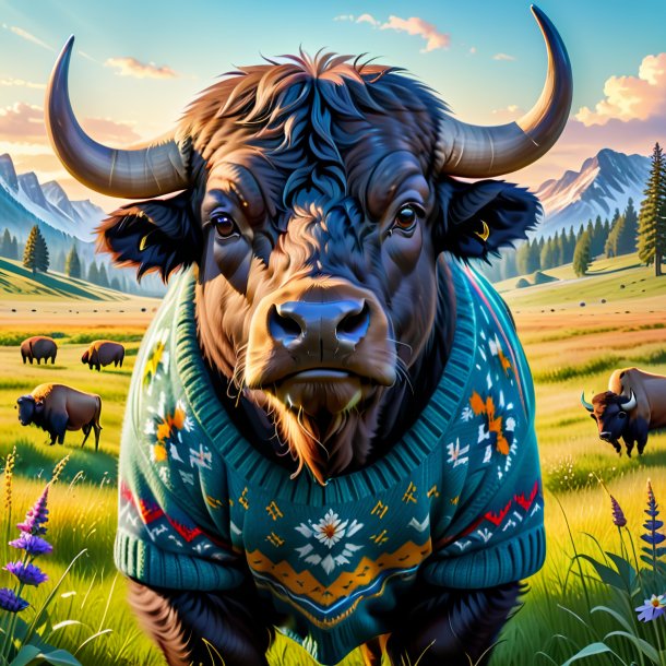 Photo of a buffalo in a sweater in the meadow