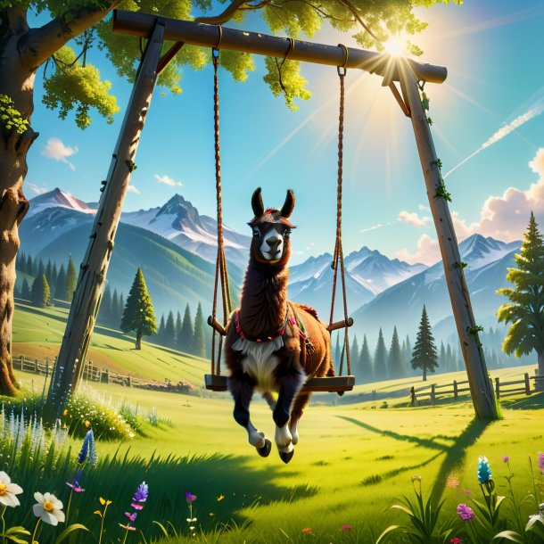 Photo of a swinging on a swing of a llama in the meadow