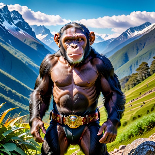 Pic of a chimpanzee in a belt in the mountains