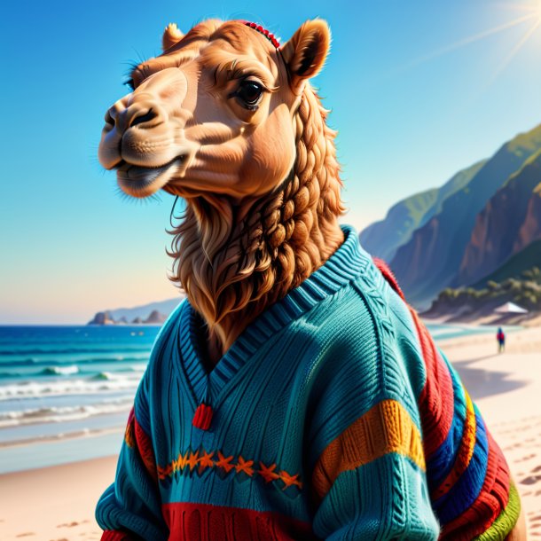 Drawing of a camel in a sweater on the beach