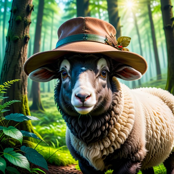 Picture of a sheep in a hat in the forest