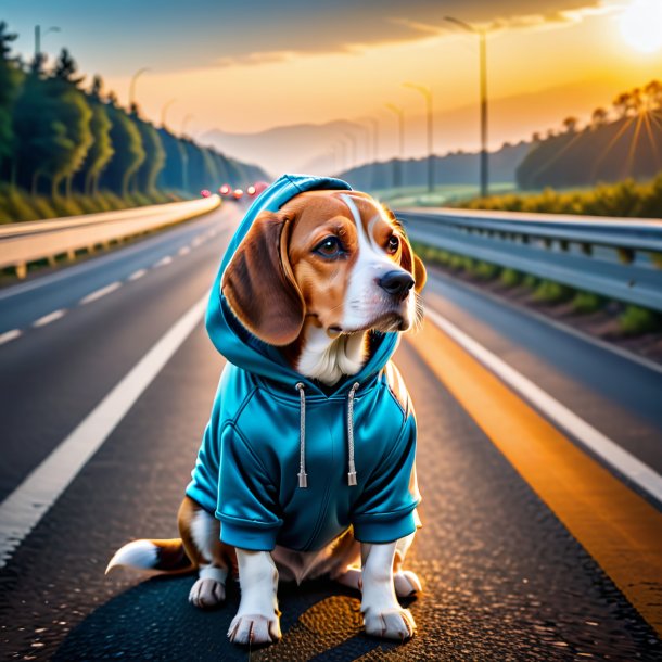 Picture of a beagle in a hoodie on the highway