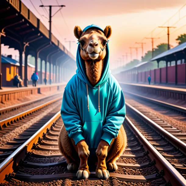 Foto de um camelo em um hoodie nos trilhos ferroviários