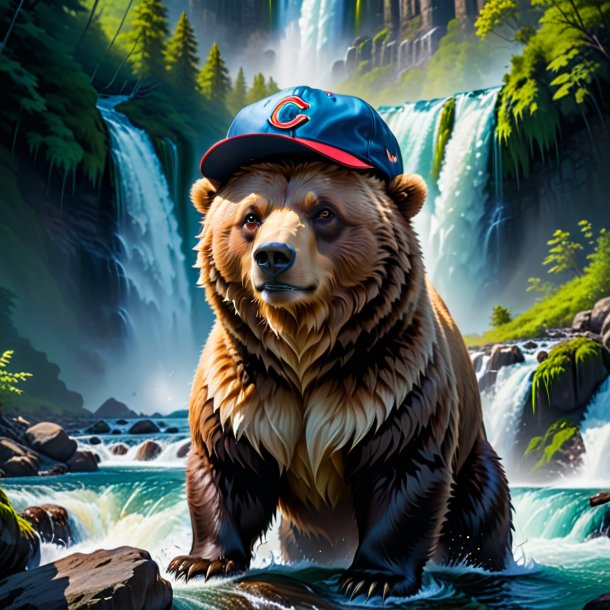 Photo of a bear in a cap in the waterfall