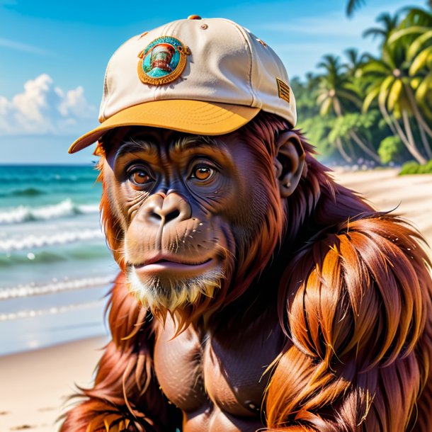 Imagen de un orangután en una gorra en la playa