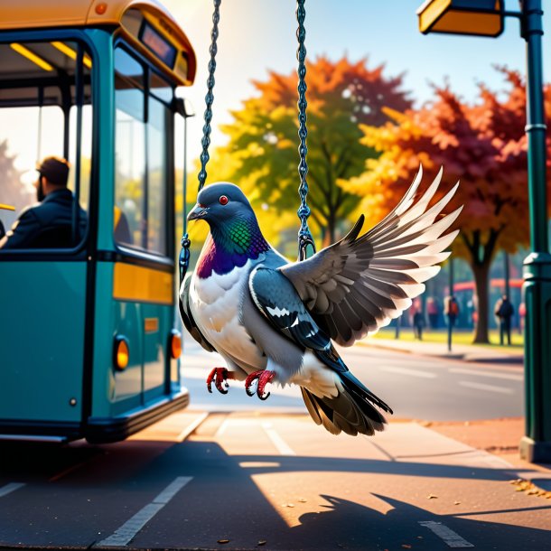 Image of a swinging on a swing of a pigeon on the bus stop