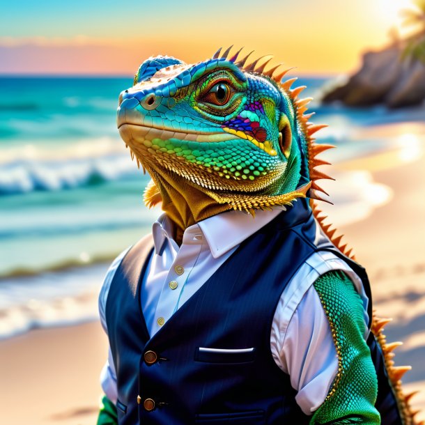 Imagem de um lagarto em um colete na praia