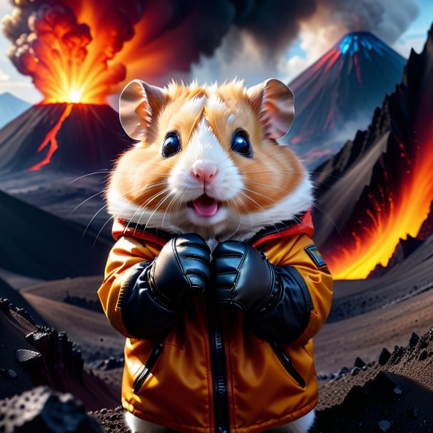 Photo of a hamster in a gloves in the volcano