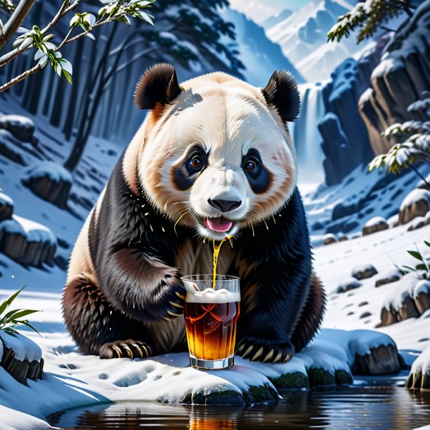 Image of a drinking of a giant panda in the snow