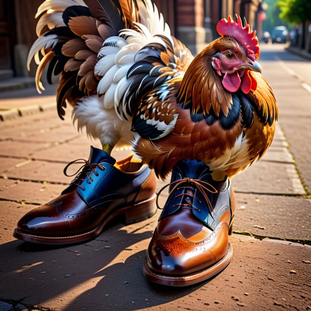 Pic d'une poule dans une chaussure brune