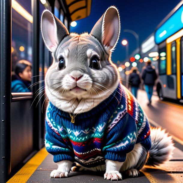 Photo d'une chinchillas dans un pull sur l'arrêt de bus