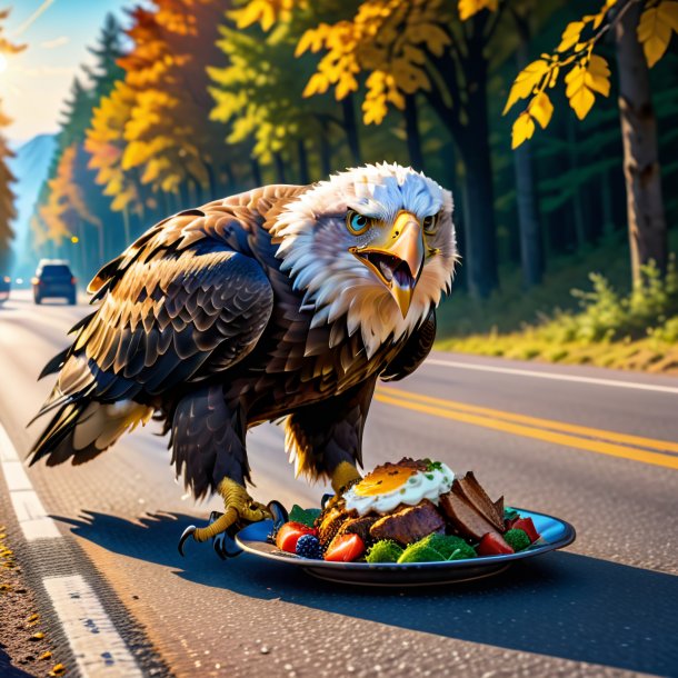 Imagem de um comer de uma águia na estrada