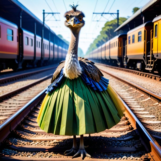 Image of a emu in a skirt on the railway tracks