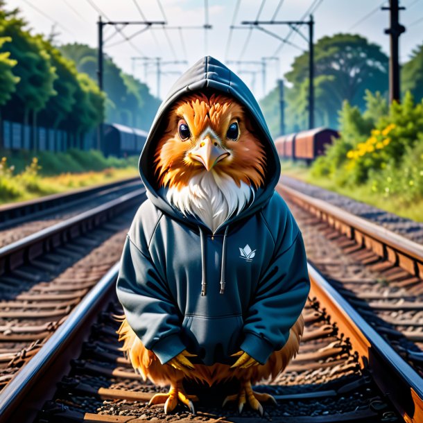 Imagen de una gallina en una sudadera con capucha en las vías del ferrocarril