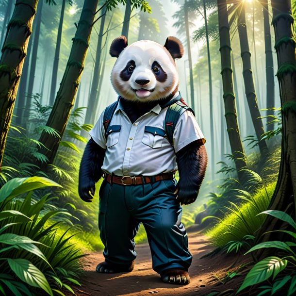 Imagen de un panda gigante en un pantalón en el bosque