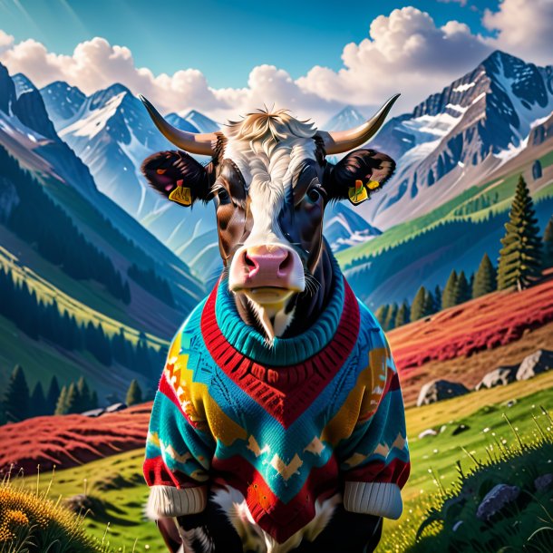 Picture of a cow in a sweater in the mountains