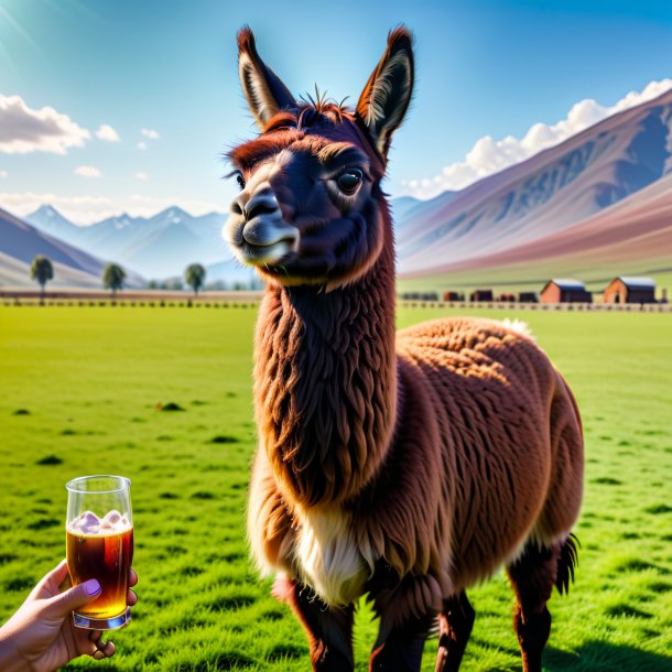 Image of a drinking of a llama on the field