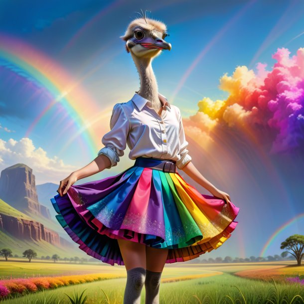 Drawing of a ostrich in a skirt on the rainbow