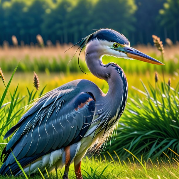 Pic of a resting of a heron in the meadow