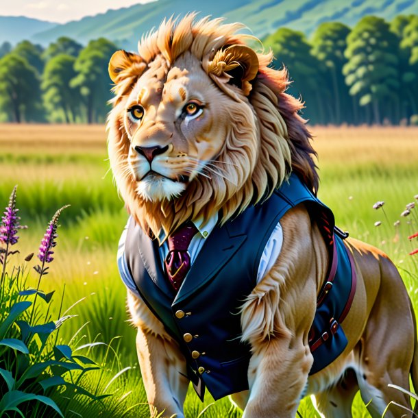 Picture of a lion in a vest in the meadow