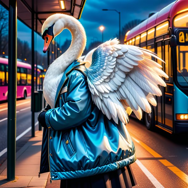 Photo of a swan in a jacket on the bus stop