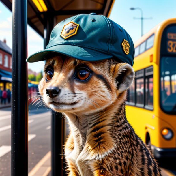 Desenho de um meerkat em um boné no ponto de ônibus