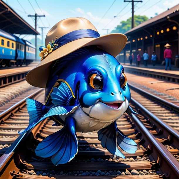 Drawing of a blue tang in a hat on the railway tracks