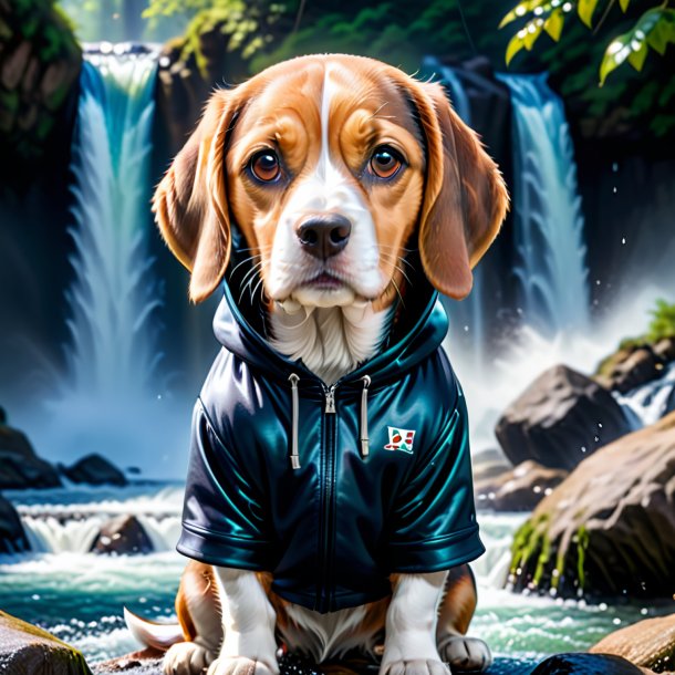 Picture of a beagle in a hoodie in the waterfall