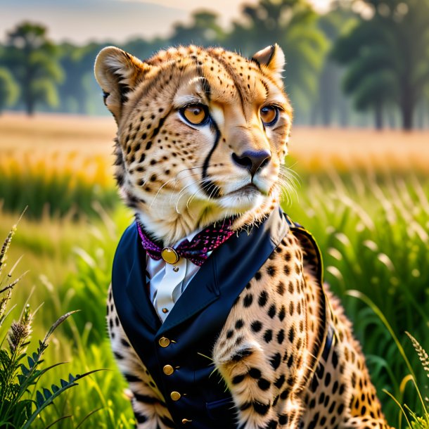 Pic of a cheetah in a vest in the meadow