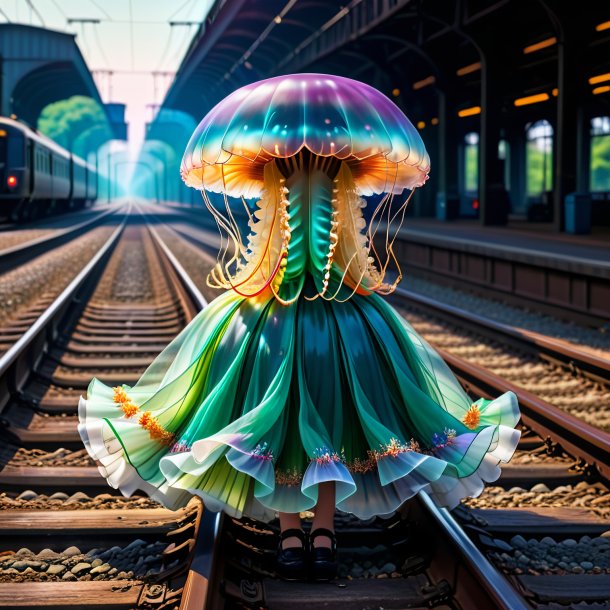 Image of a jellyfish in a skirt on the railway tracks