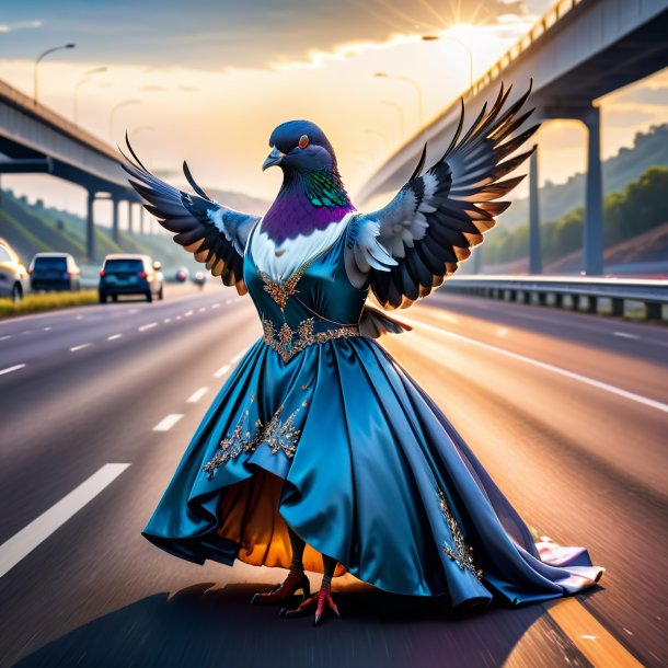 Picture of a pigeon in a dress on the highway