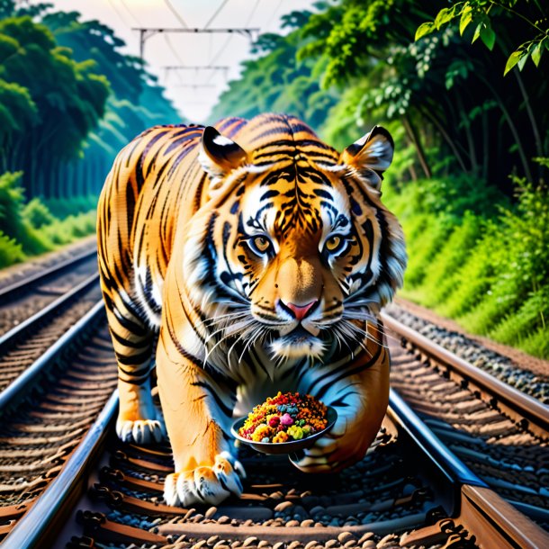 Foto de um comer de um tigre nos trilhos ferroviários