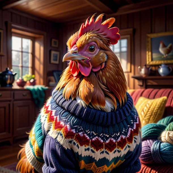 Drawing of a hen in a sweater in the house