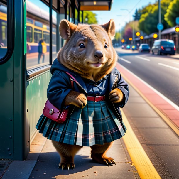 Imagem de um wombat em uma saia no ponto de ônibus