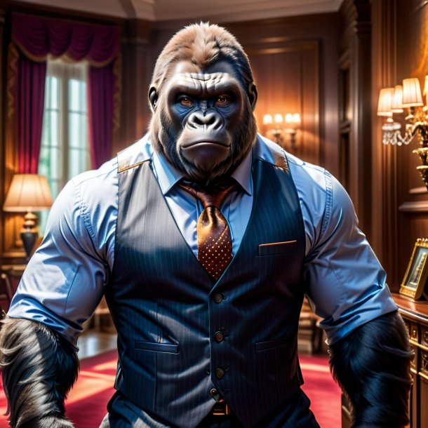 Photo of a gorilla in a vest in the house