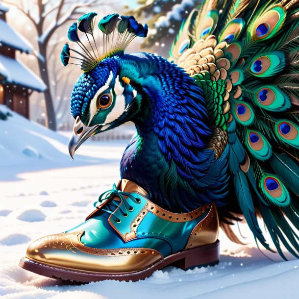 Dibujo del pavo real en los zapatos en la nieve