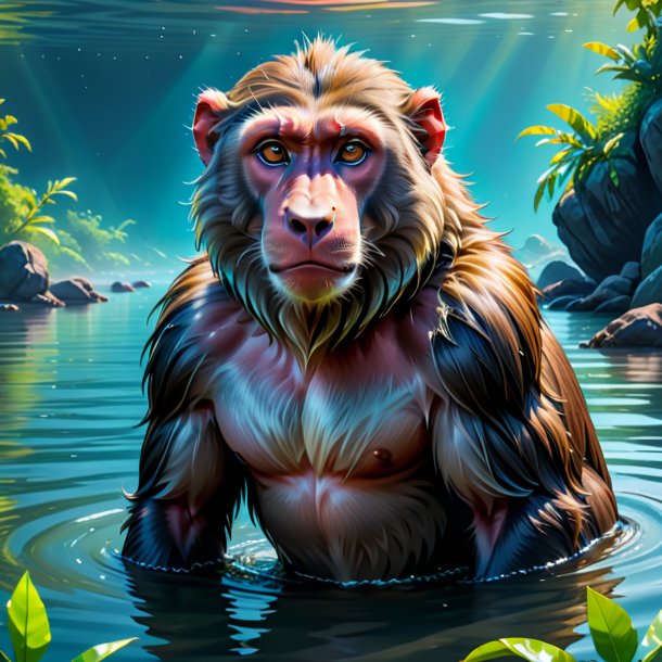 Drawing of a baboon in a belt in the water