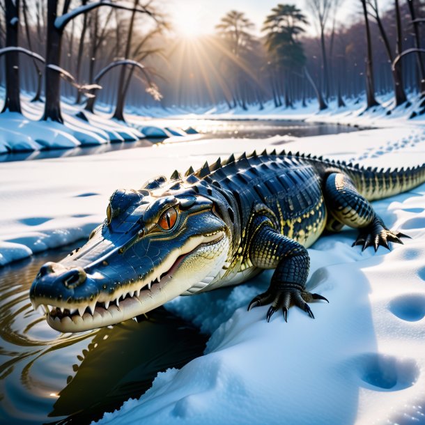 Pic of a swimming of a crocodile in the snow