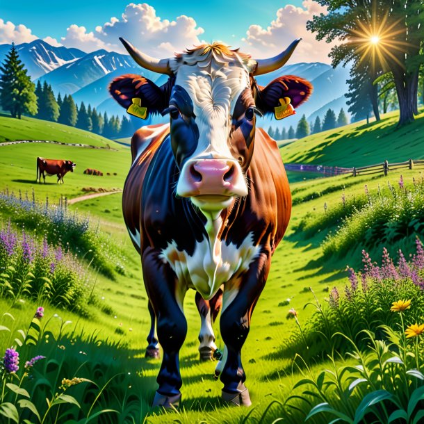 Picture of a cow in a trousers in the meadow