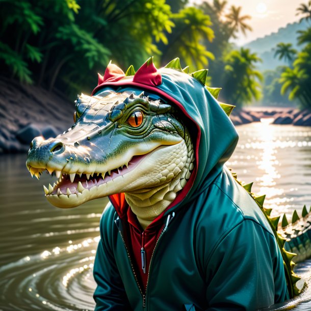 Foto de um crocodilo em um hoodie no rio