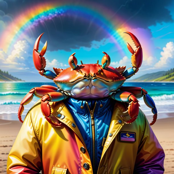 Illustration of a crab in a jacket on the rainbow